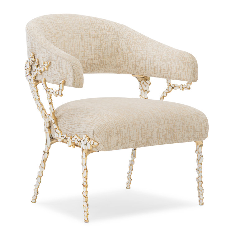 Handcrafted Gold Brush Metal and White Fabric Accent Chair