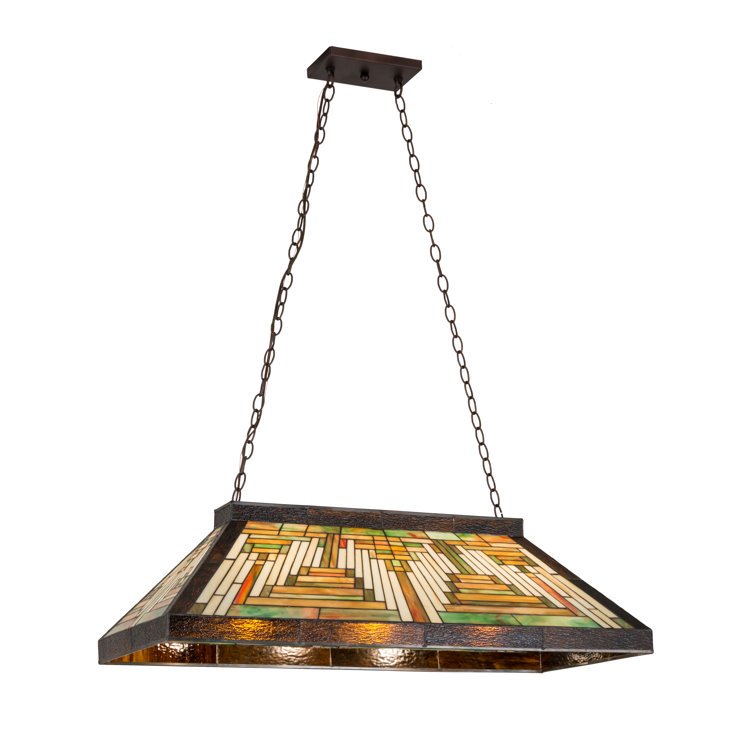 Craftsman Brown 3-Light Glass Island Pendant with Ruby and Beige Accents