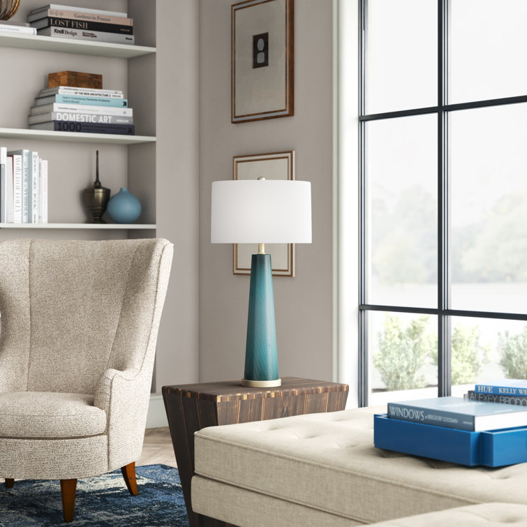 Tall Blue Hand-Cut Glass Table Lamp with Linen Shade