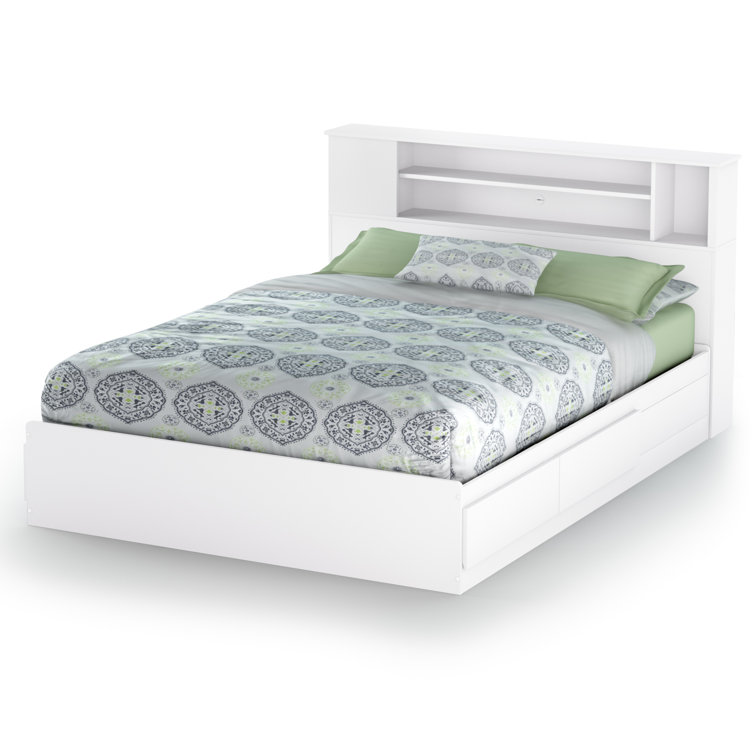 White Full/Queen Wood Bookcase Headboard with Storage