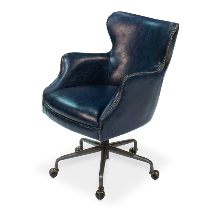 Chateau Blue Leather Swivel Arm Chair with Metal Base