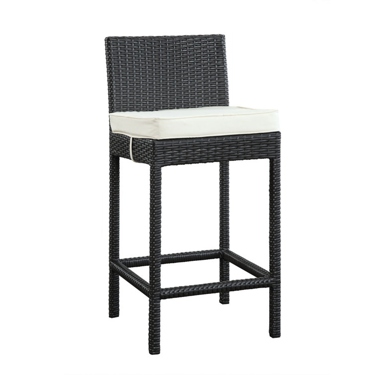 Espresso White Wicker Rattan Outdoor Bar Stool with Beige Cushion