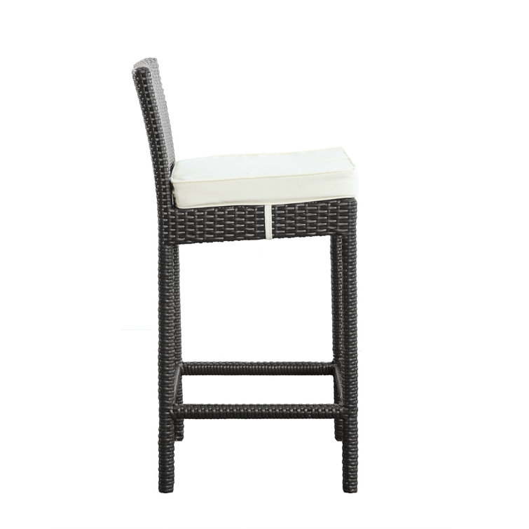 Espresso White Wicker Rattan Outdoor Bar Stool with Beige Cushion