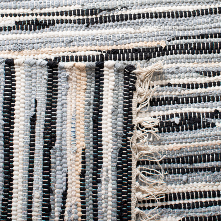 Handmade Black and White Striped Wool Cotton Rug