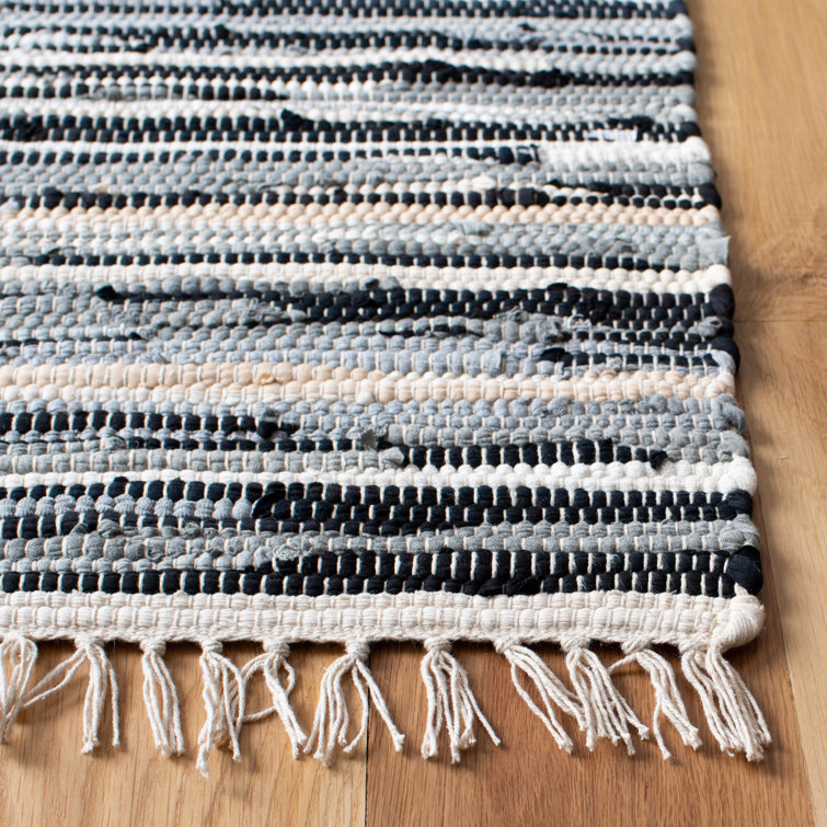 Handmade Black and White Striped Wool Cotton Rug