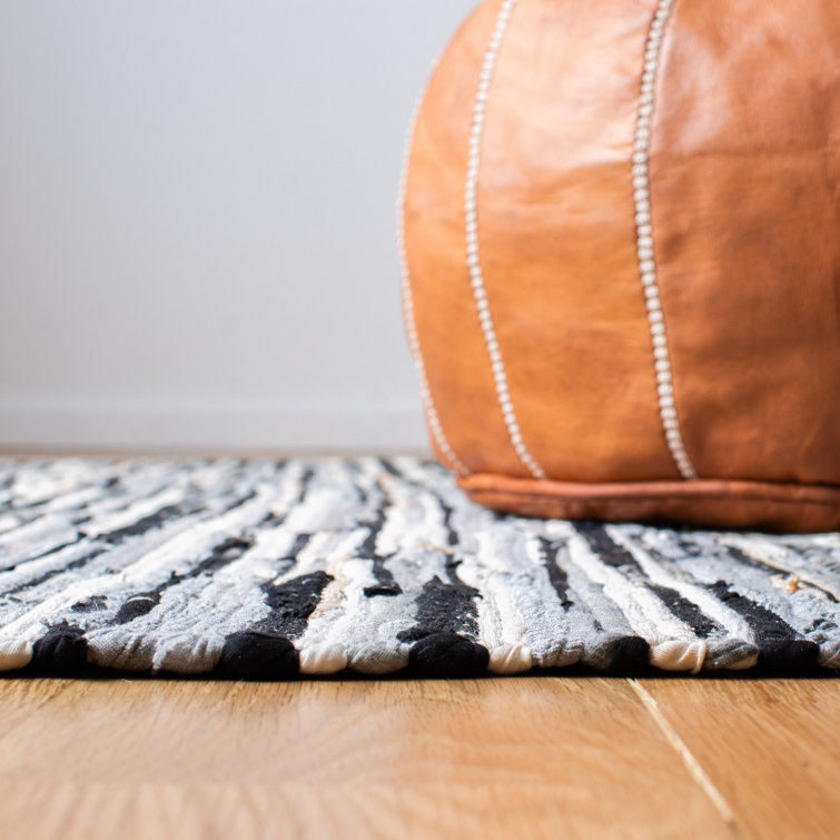 Handmade Black and White Striped Wool Cotton Rug