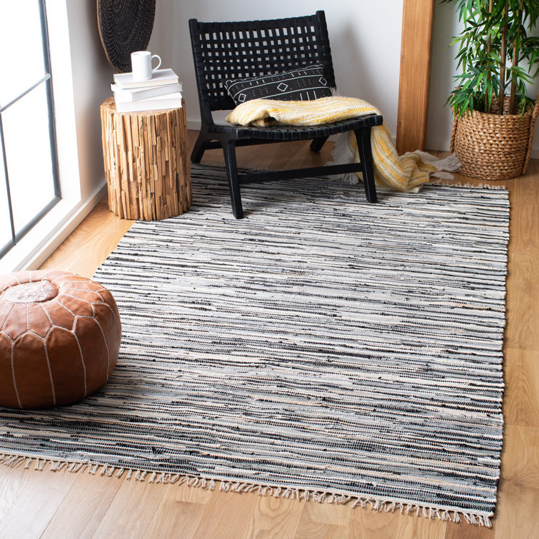 Handmade Black and White Striped Wool Cotton Rug