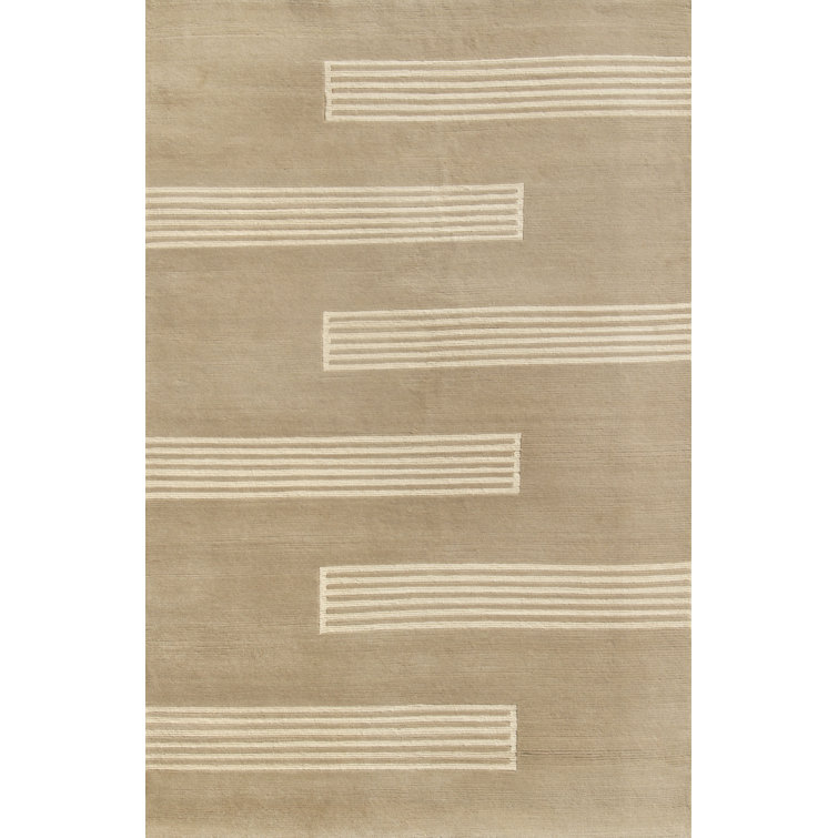 Loomed Stripes Cream & Taupe Hand-Knotted Wool Rug 4' x 6'