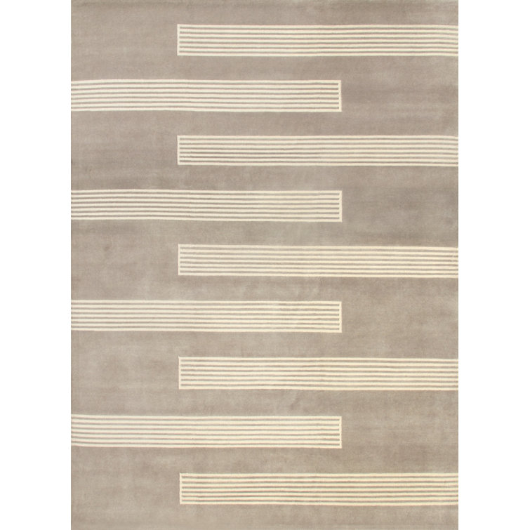 Loomed Stripes Cream & Taupe Hand-Knotted Wool Rug 4' x 6'