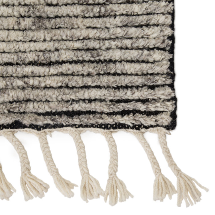 Gray Hand-Knotted Wool and Cotton Striped Rug with Tassels