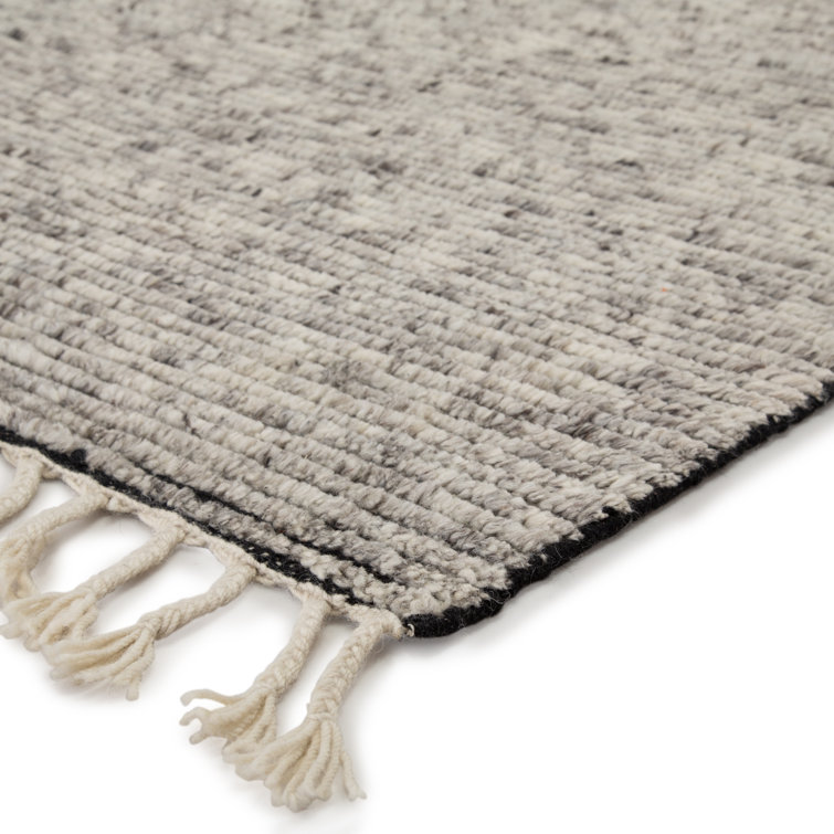 Gray Hand-Knotted Wool and Cotton Striped Rug with Tassels