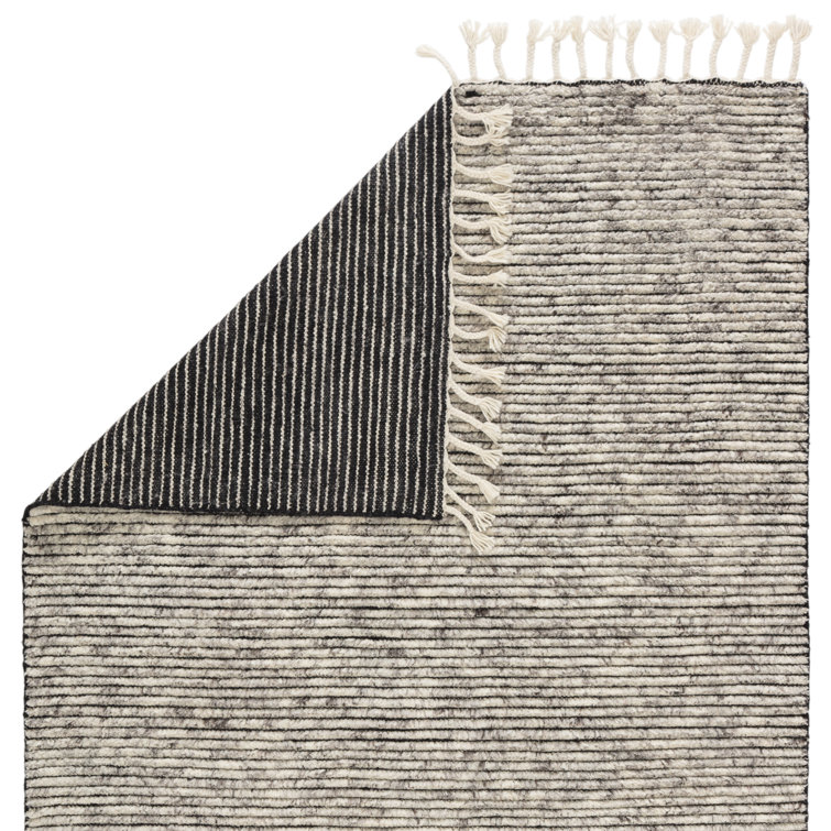Gray Hand-Knotted Wool and Cotton Striped Rug with Tassels