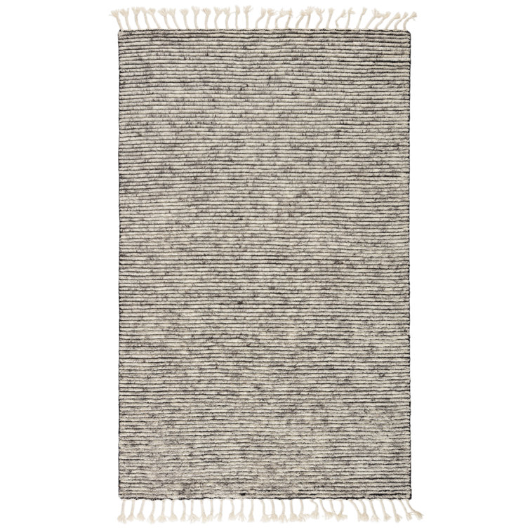 Gray Hand-Knotted Wool and Cotton Striped Rug with Tassels
