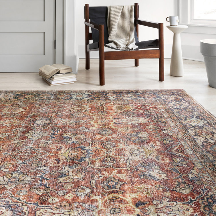 Terracotta and Blue Geometric Synthetic 9' x 12' Area Rug