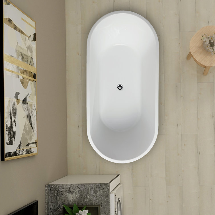 63" White Acrylic Freestanding Soaking Bathtub with Pop-Up Drain