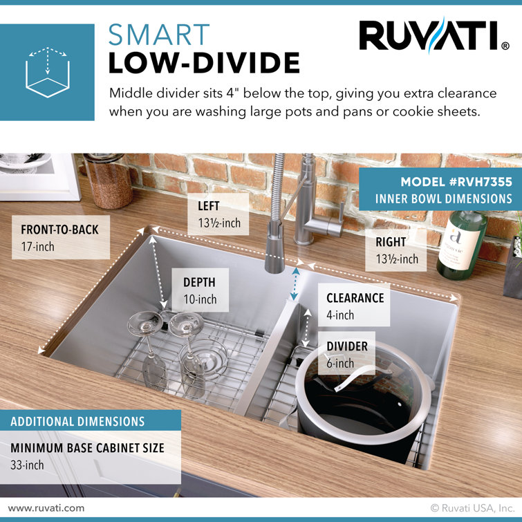 Ruvati 30-inch Stainless Steel Low-Divide Double Bowl Kitchen Sink