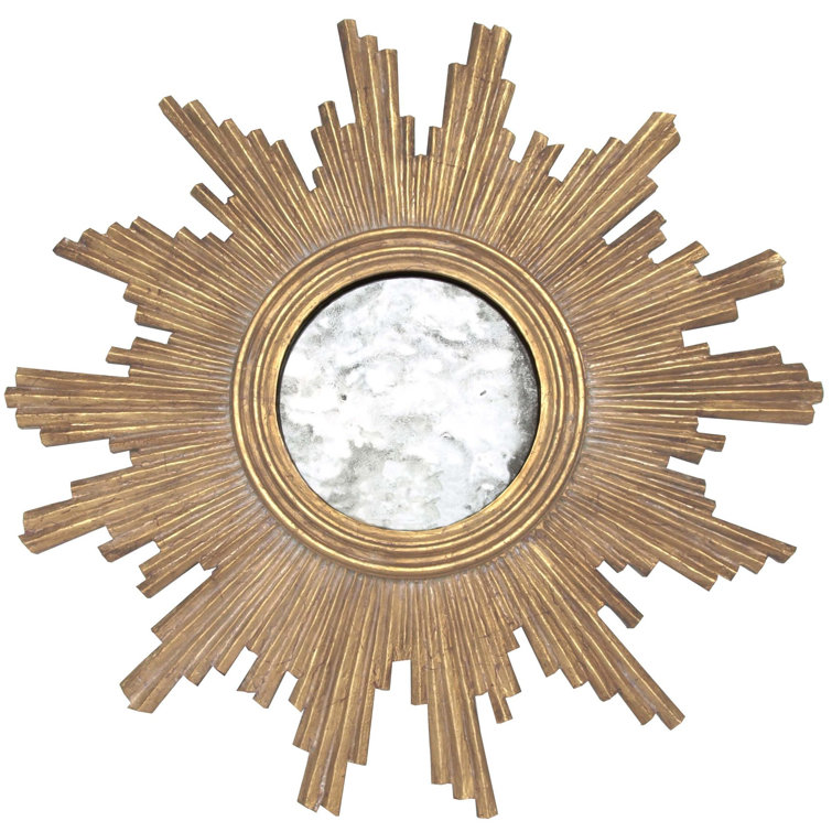 24" Round Gold Leaf Sunburst Wood Wall Mirror