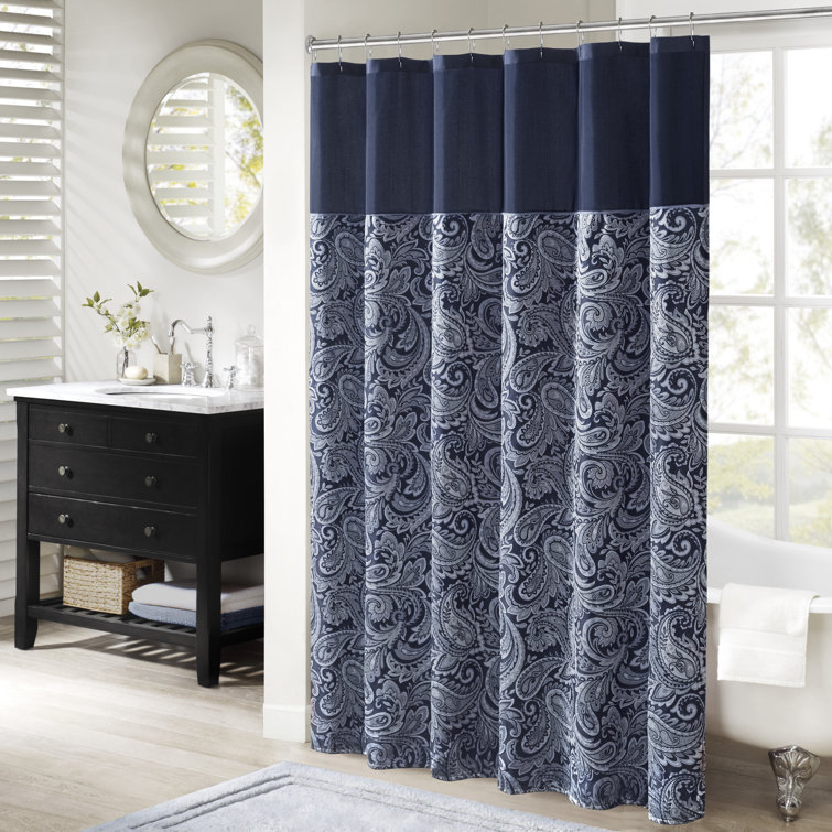Navy Paisley Jacquard Shower Curtain with Color Block Panel