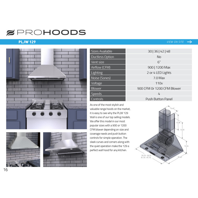 ProLine 36" Brushed Stainless Steel Wall Mount Range Hood