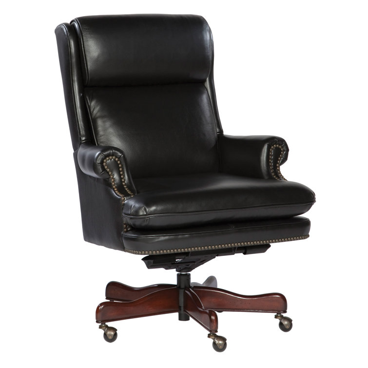 Traditional Black Leather Executive Swivel Chair with Wood Base