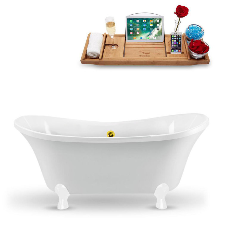 60" Glossy White Acrylic Clawfoot Bathtub with Polished Gold Drain