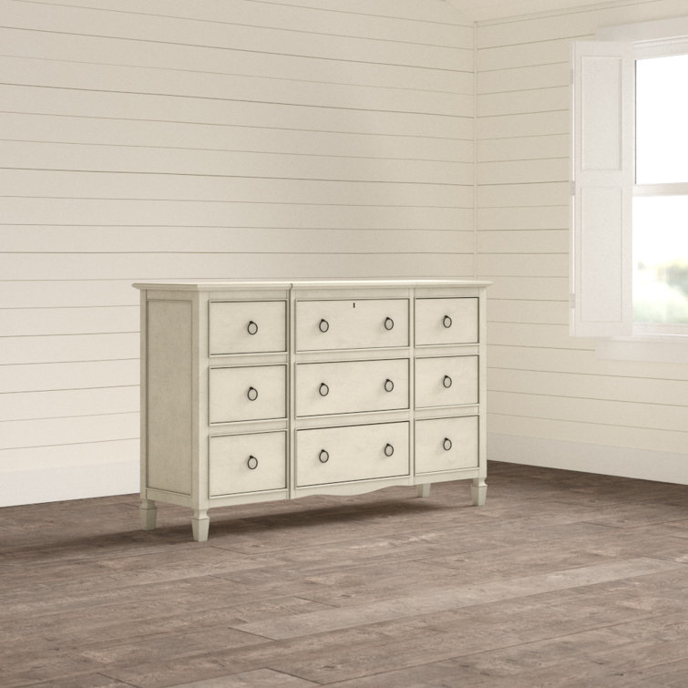 Levin Farmhouse 9-Drawer Cotton White Dresser with Antique Bronze Hardware