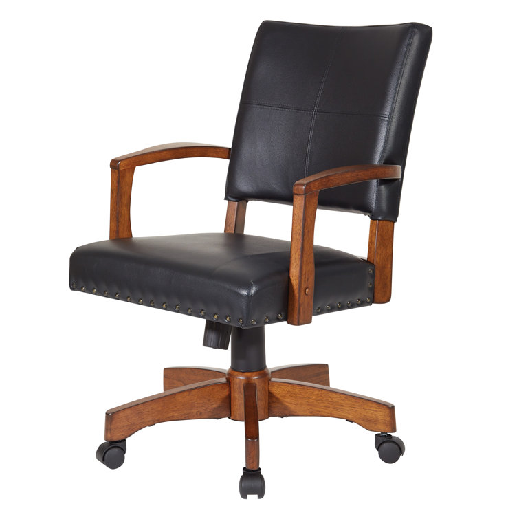Deluxe Black Leather Swivel Banker Chair with Wood Accents