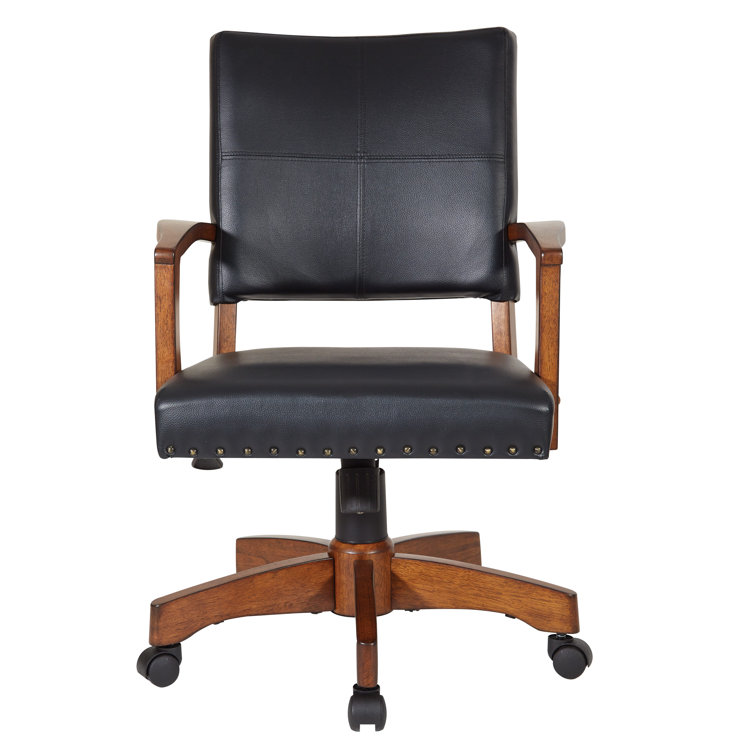 Deluxe Black Leather Swivel Banker Chair with Wood Accents
