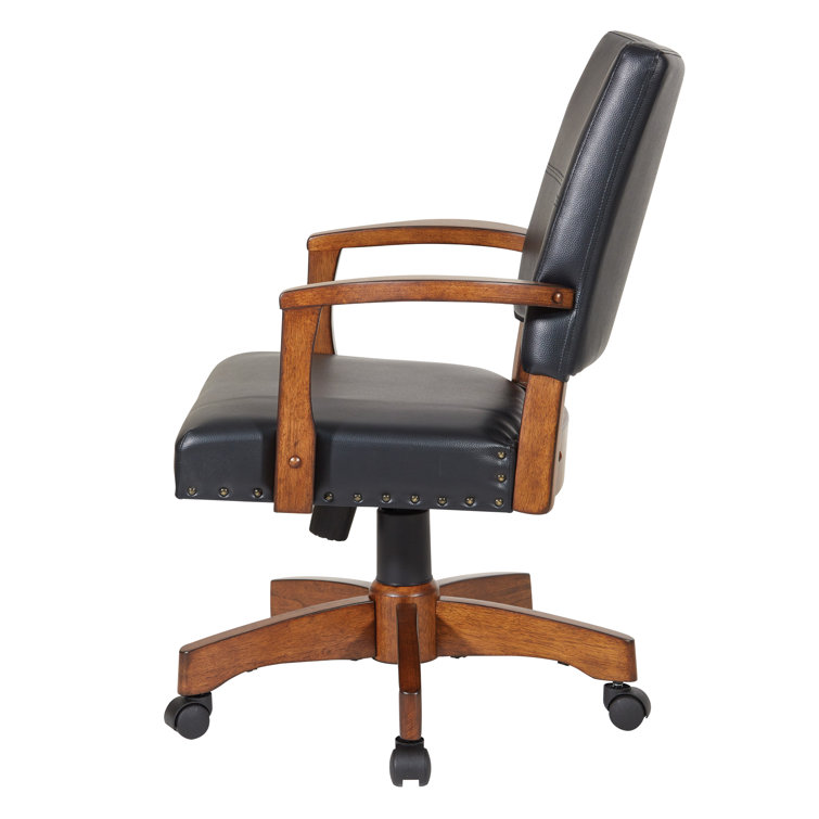 Deluxe Black Leather Swivel Banker Chair with Wood Accents