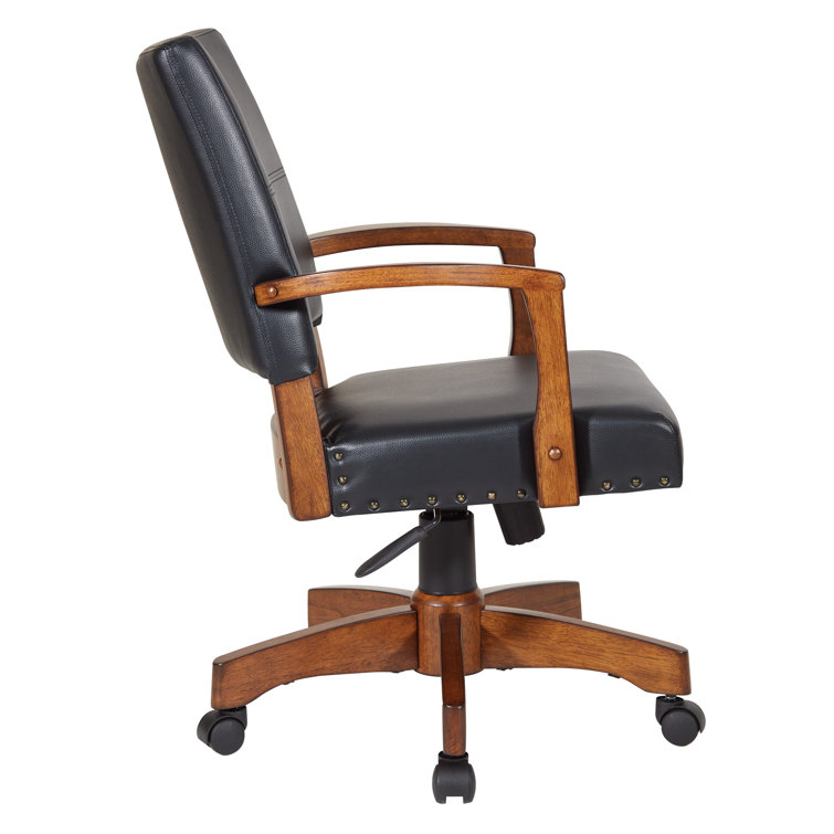 Deluxe Black Leather Swivel Banker Chair with Wood Accents