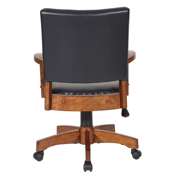 Deluxe Black Leather Swivel Banker Chair with Wood Accents