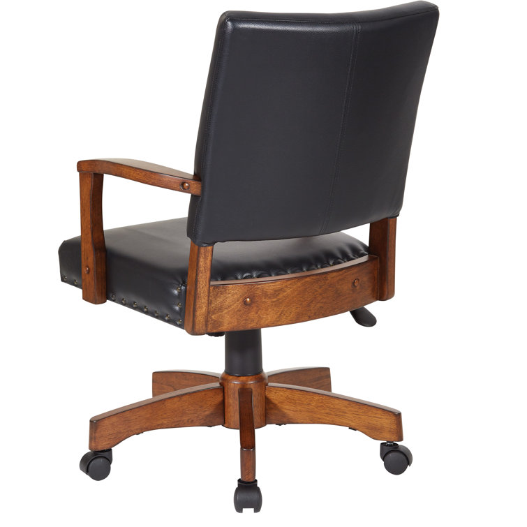 Deluxe Black Leather Swivel Banker Chair with Wood Accents