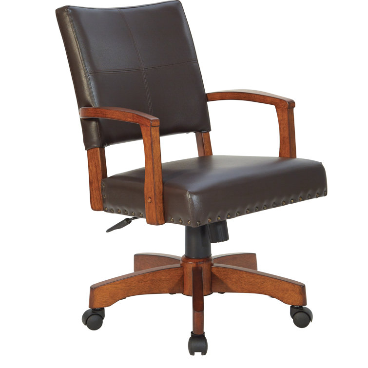 Espresso Leather Swivel Wood Banker Chair with Armrests
