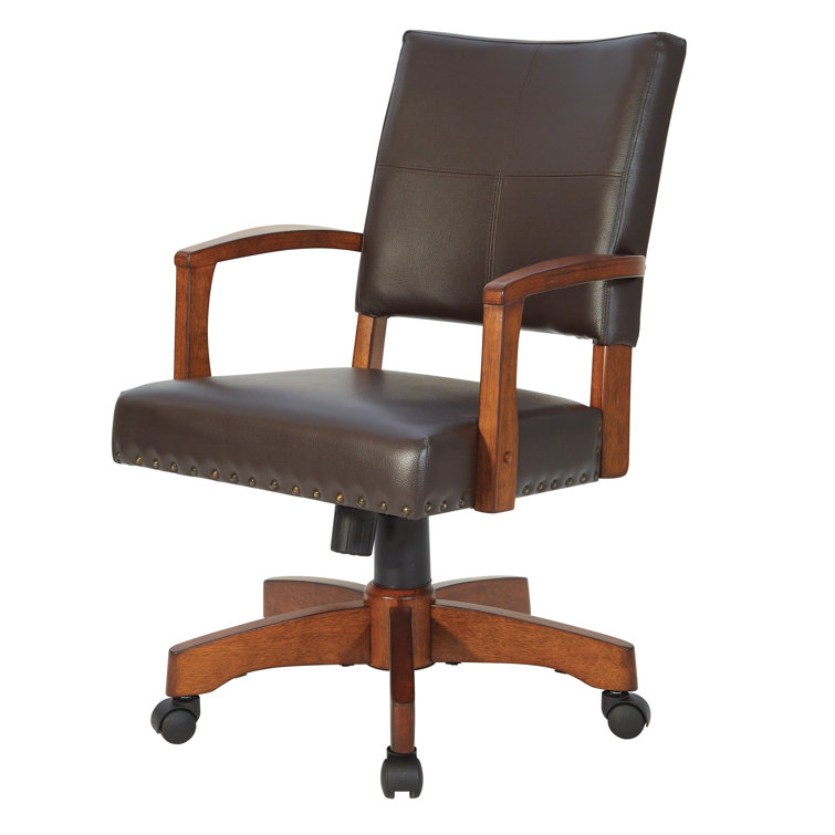 Espresso Leather Swivel Wood Banker Chair with Armrests