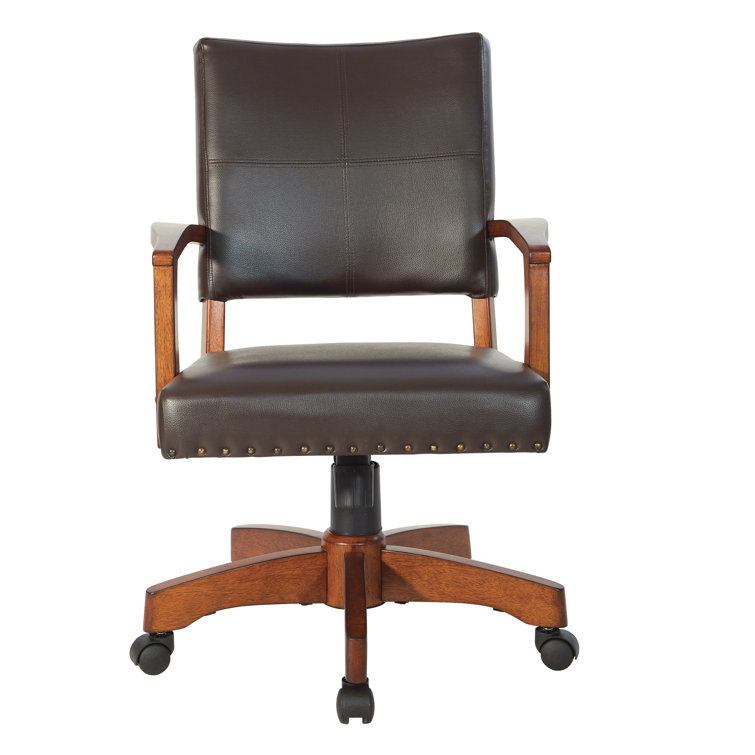 Espresso Leather Swivel Wood Banker Chair with Armrests