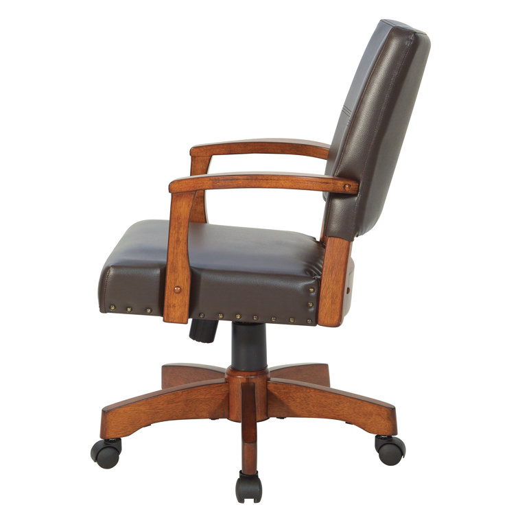 Espresso Leather Swivel Wood Banker Chair with Armrests
