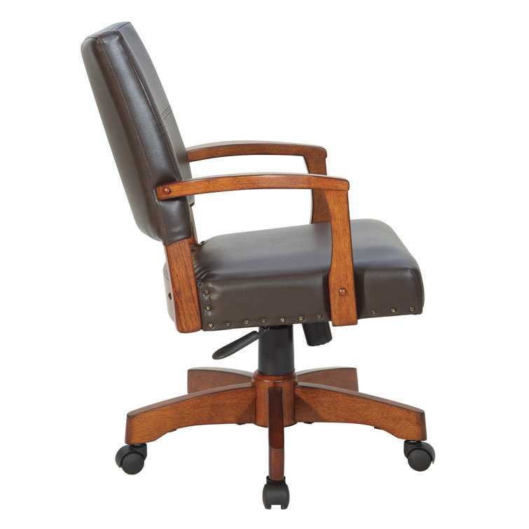 Espresso Leather Swivel Wood Banker Chair with Armrests