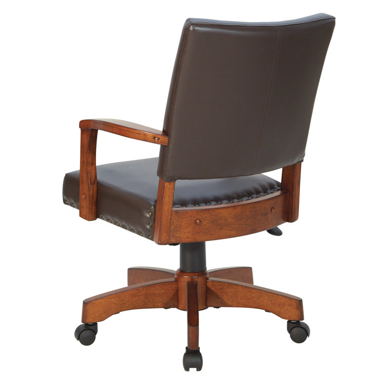 Espresso Leather Swivel Wood Banker Chair with Armrests