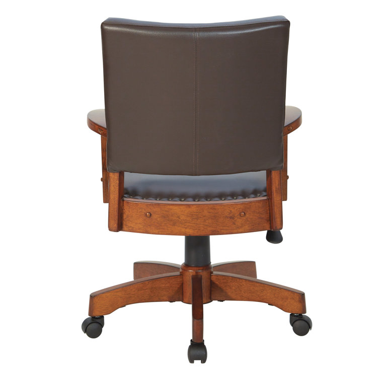 Espresso Leather Swivel Wood Banker Chair with Armrests