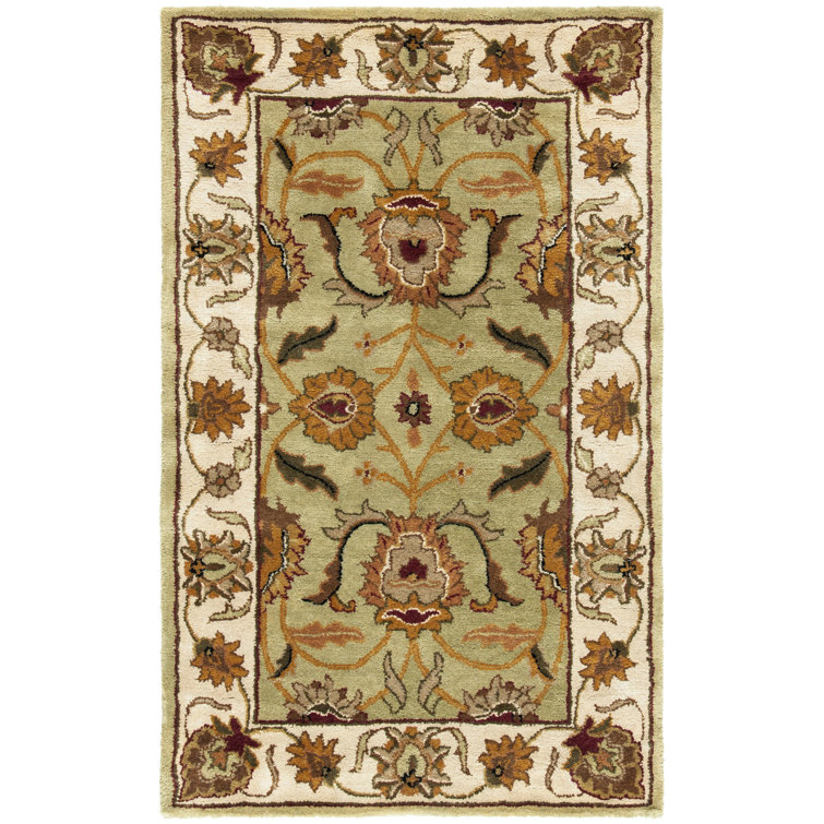 Ivory and Green Hand-Tufted Wool High Pile Area Rug