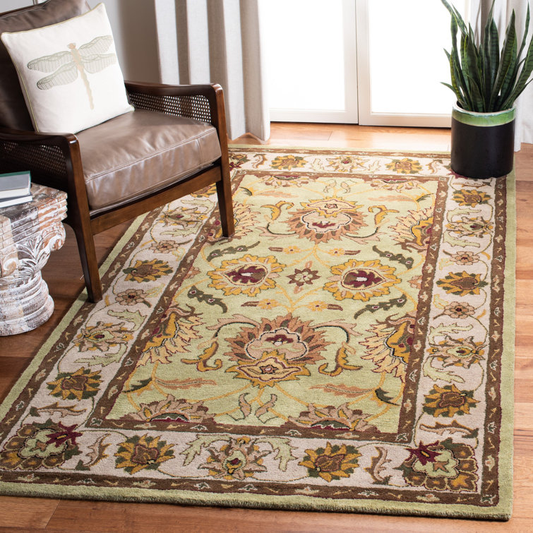 Green and Ivory Hand-Tufted Wool 6' x 9' Oriental Rug