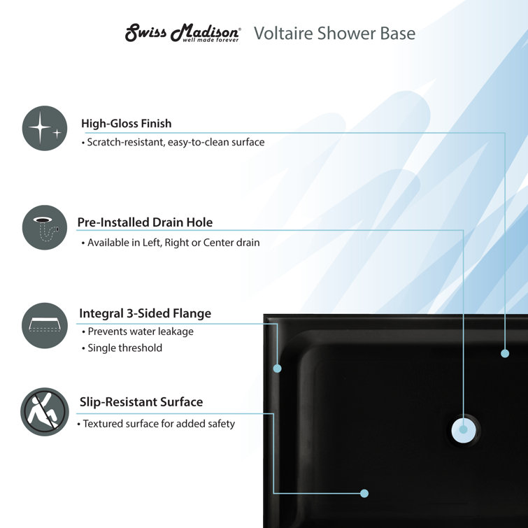 Voltaire 60" x 36" White Acrylic Single-Threshold Shower Base