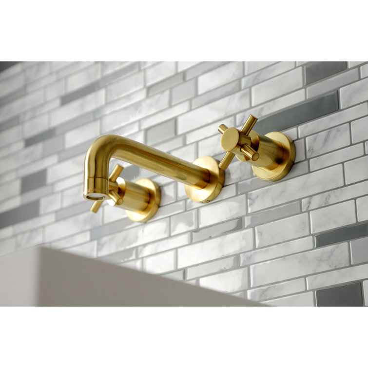 Polished Nickel Brass Wall Mount Bathroom Faucet with Cross Handles