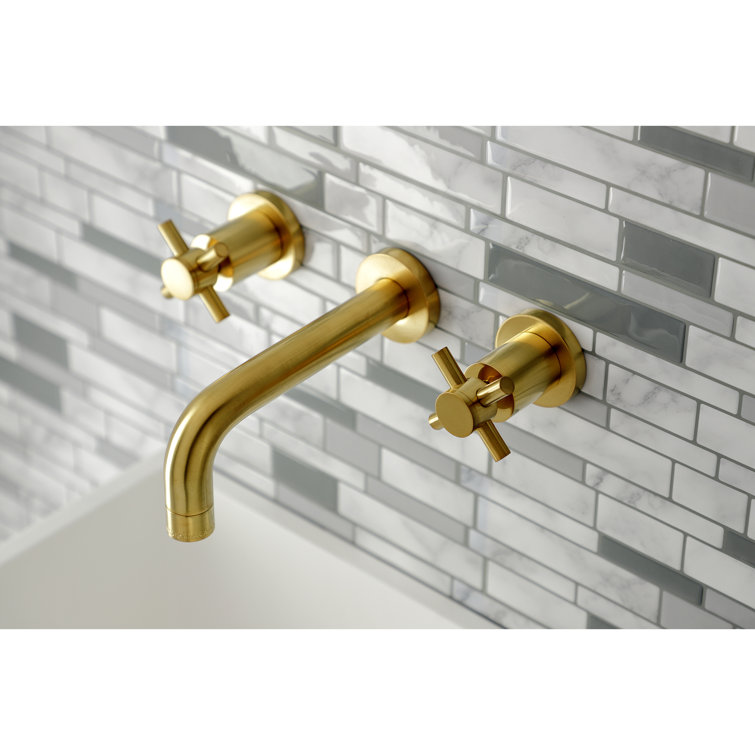 Polished Nickel Brass Wall Mount Bathroom Faucet with Cross Handles