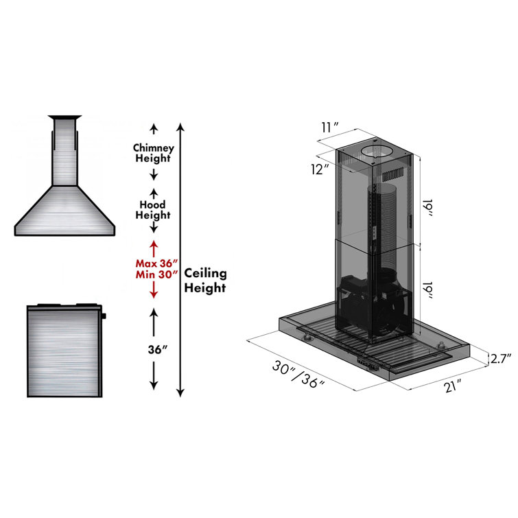 36" Black Stainless Steel Convertible Island Range Hood