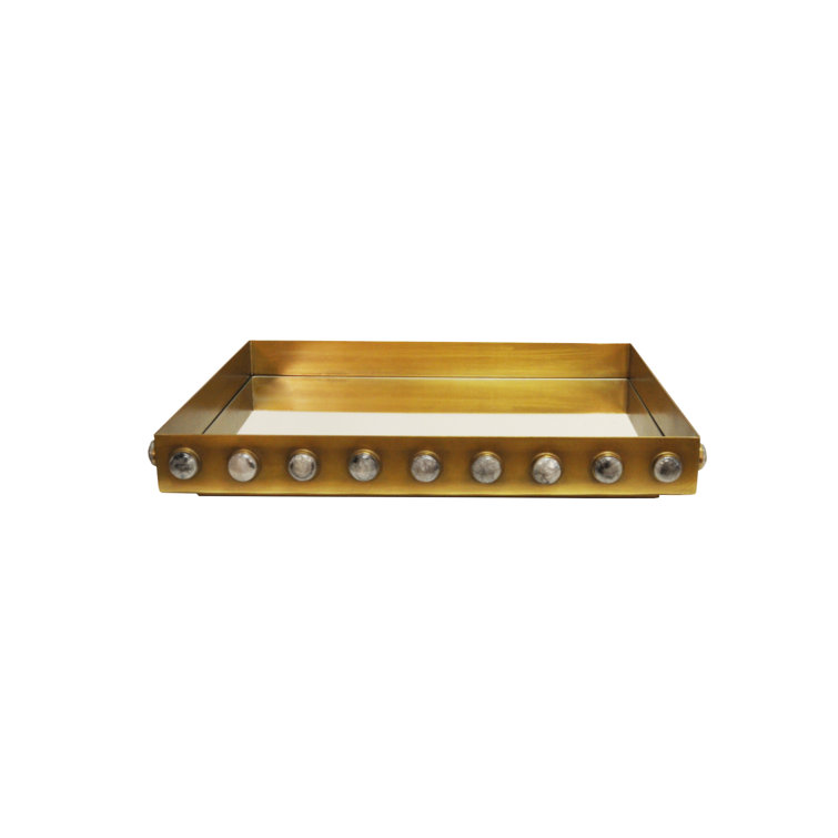 Brass and Glass Rectangular Decorative Tray with Resin Appliques