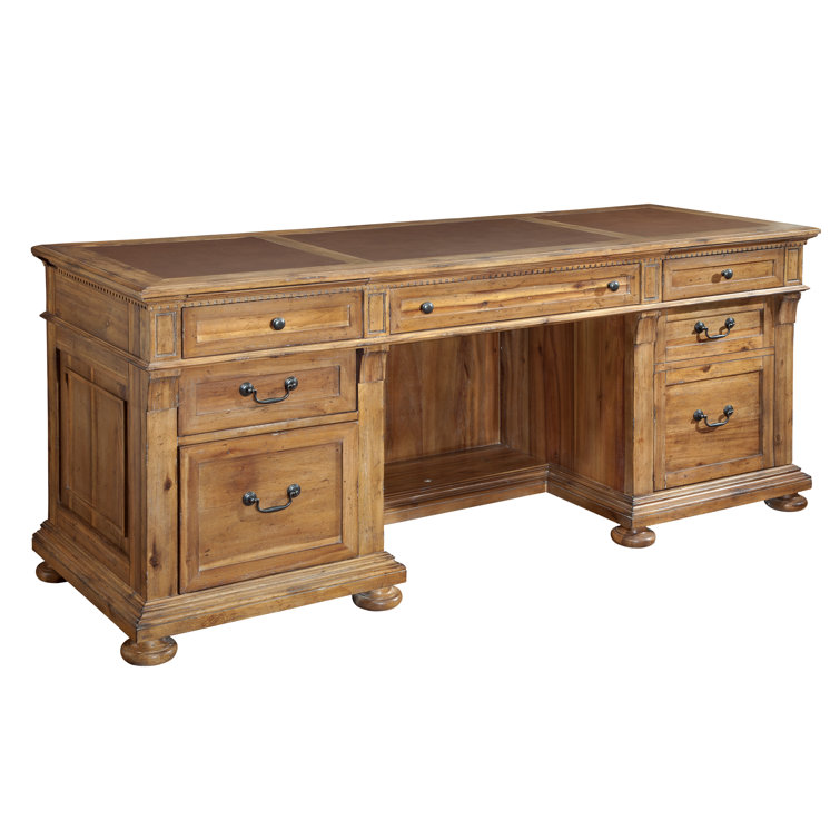 Traditional Executive Brown Wood Desk with Keyboard Tray and Filing Cabinet
