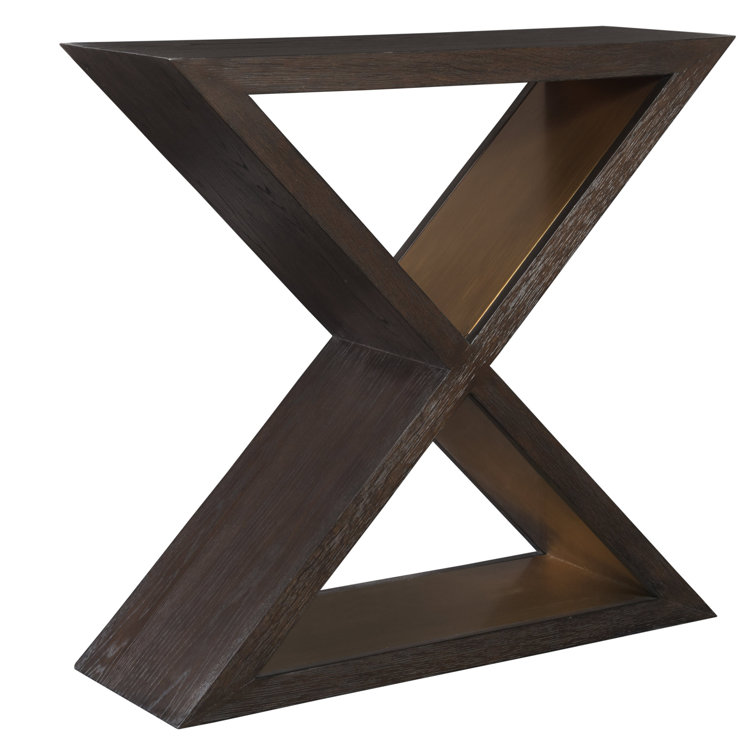Brown Oak and Brass Rectangular Console Table