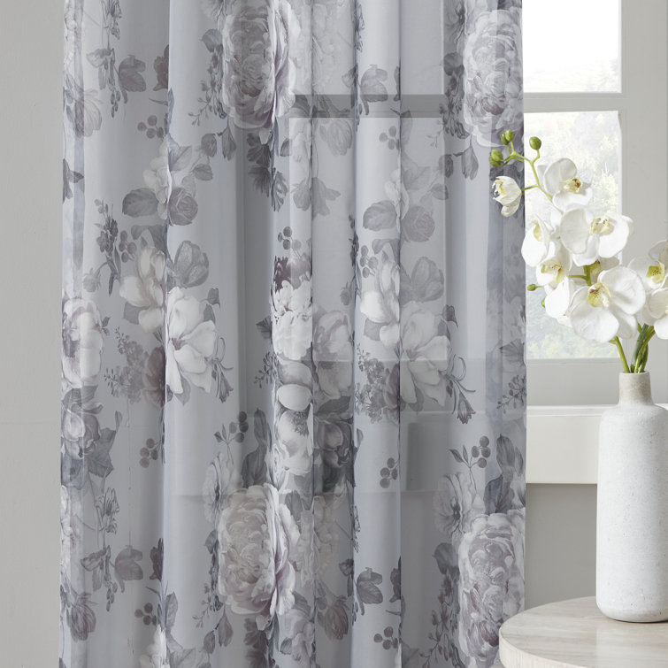 Gray Floral Twist Tab Top Sheer Polyester Curtain Panel