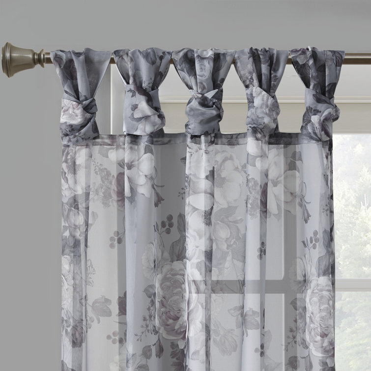 Gray Floral Twist Tab Top Sheer Polyester Curtain Panel